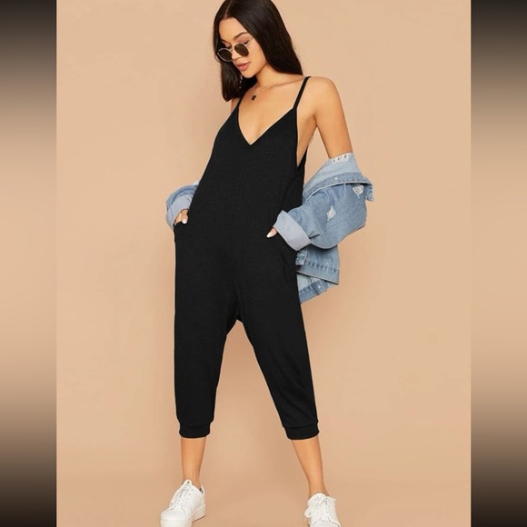 Double V Neck Hidden Pocket Cami Jumpsuit - Picture 1 of 2